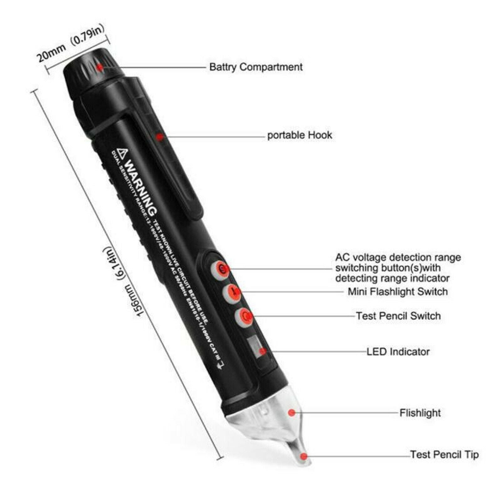 AC/DC Non-Contact Electric Test Pen Voltage Digital Detector Tester 12/48V-1000V