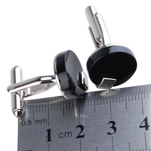 Stainless Steel Men Cuff Link Cufflinks - Black Stone+Wide Fine Thread Knot