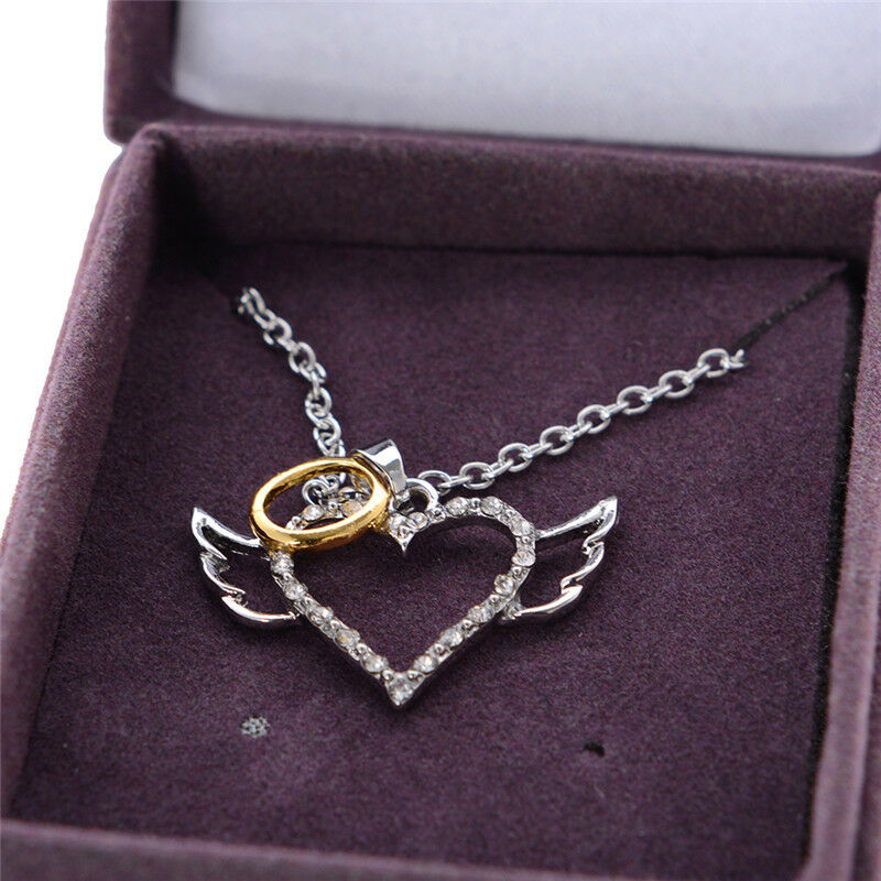 Fashion Angel Wings Love Heart Pendant Necklace Jewelry Chain Necklac.l8