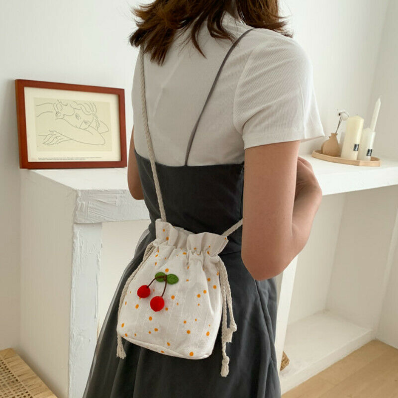 Girls Bucket Bag Canvas Floral Crossbody Handbag Drawstring Sack Cherry Ornament