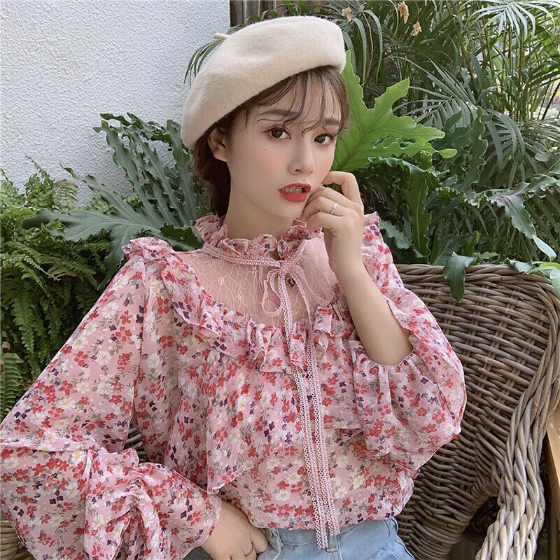 Sweet Ladies Ruffled Lace Chiffon Floral Shirt Blouse Long Flared Sleeve Tops UK