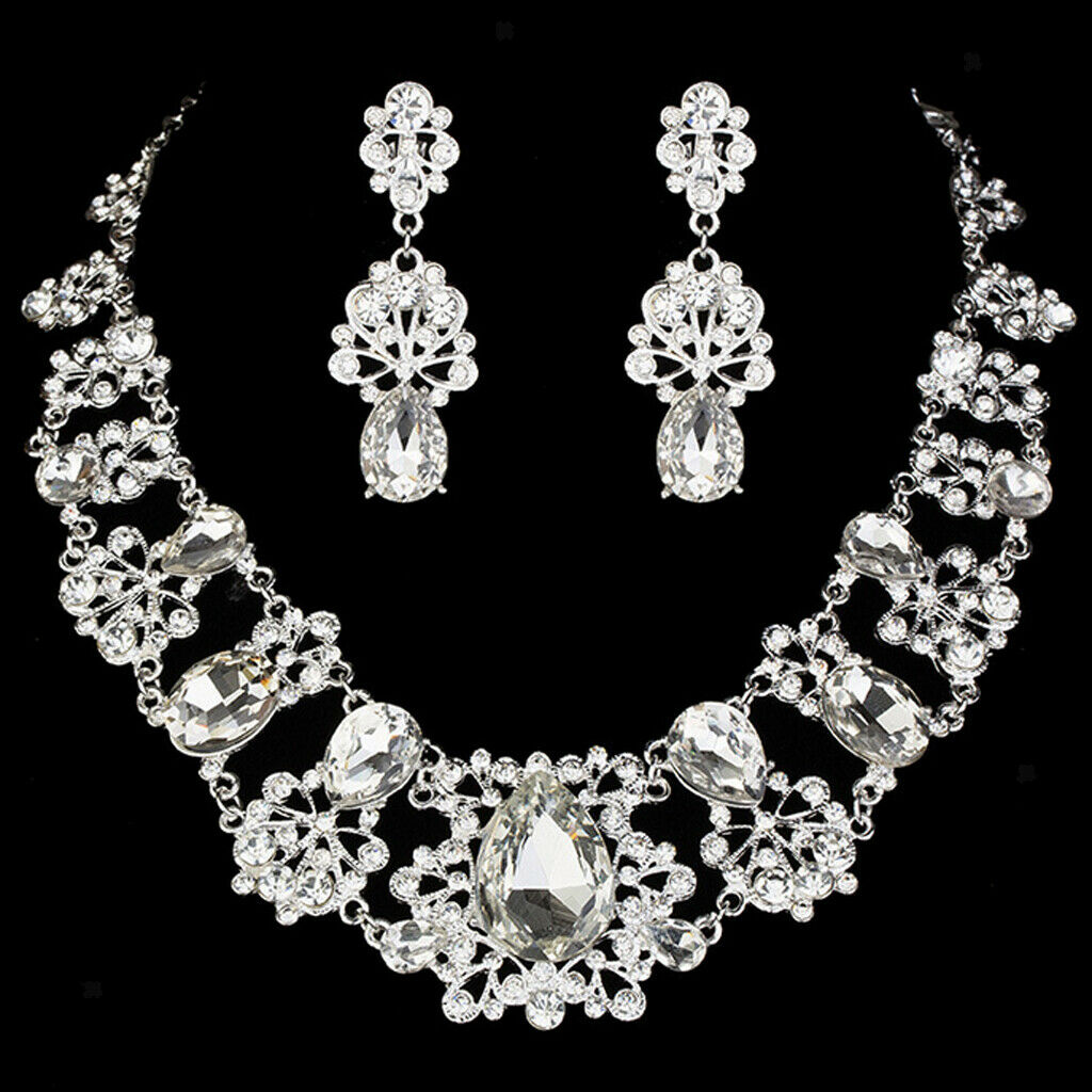 Luxurious Jewelry Diamante Crystal Necklace Earring Set for Bridal Wedding Party