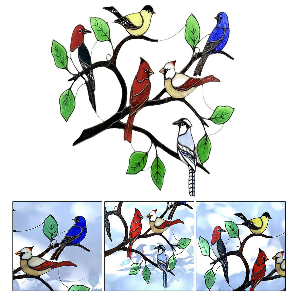 Lovely Stained Glass Birds-On-Branch Window Panel Hanging Suncatcher decor