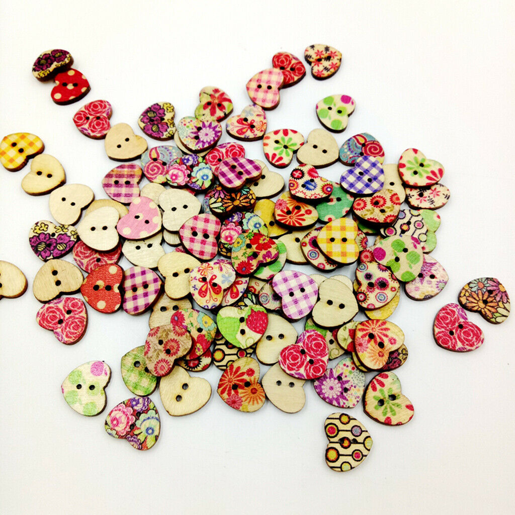 100 Mixed Wooden Heart Buttons For Sewing Crafting DIY Scrapbooking Flatback