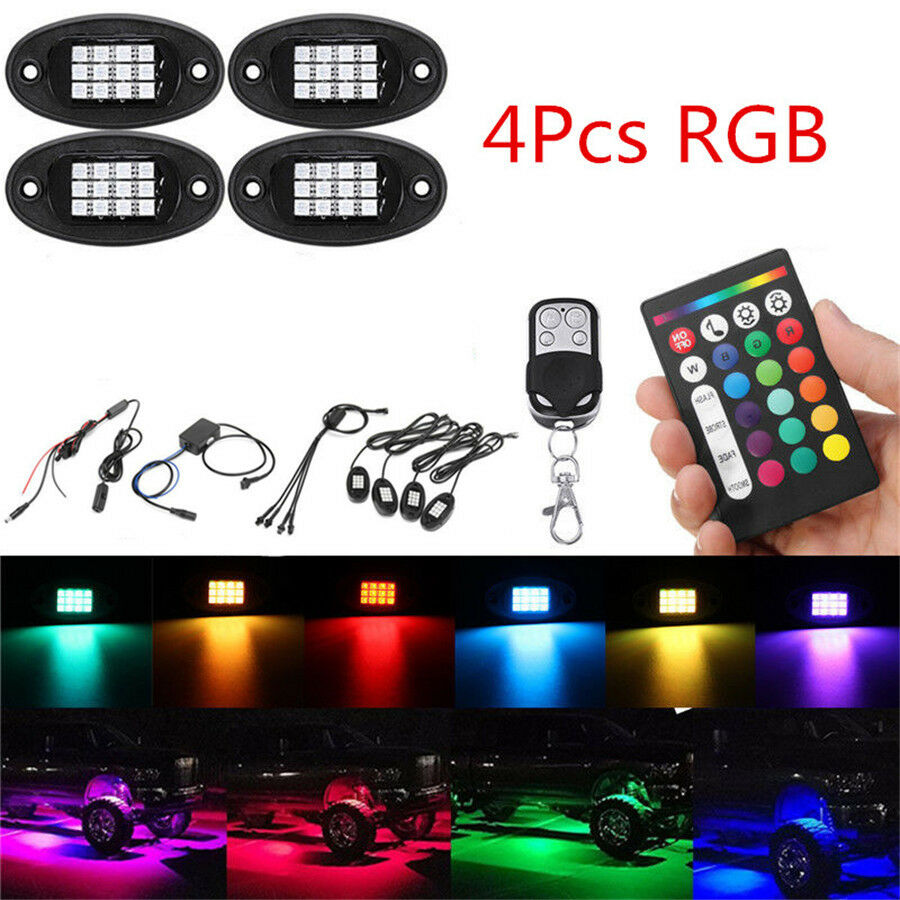 4xUniversal RGB LED Under Body Light Rock Lamp Off-Road Truck Remote Control 12V