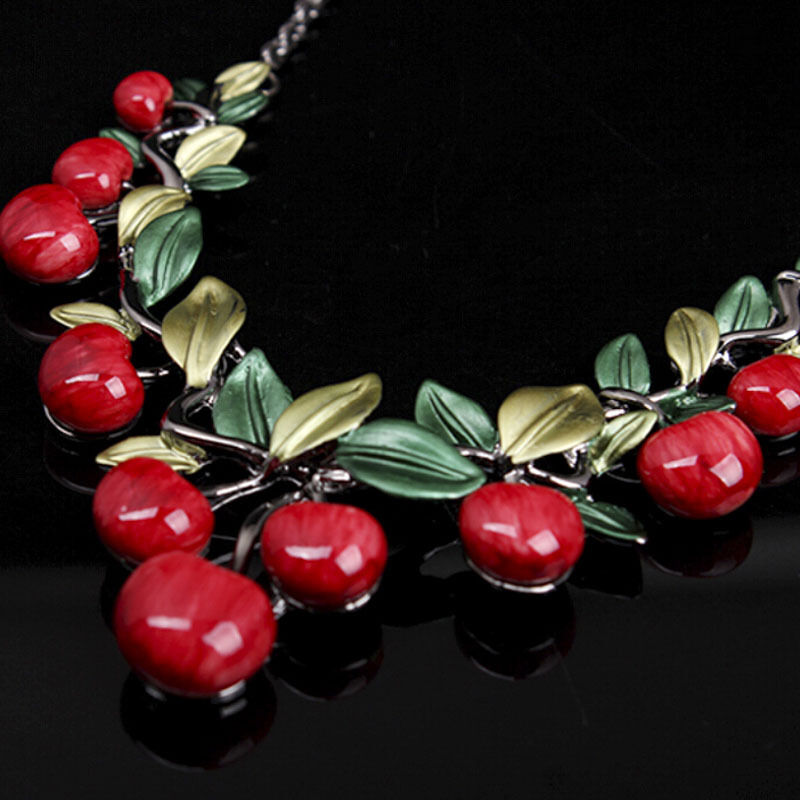 1 Set Fashion Red Cherry Jewelry Set Metal Bridal Necklace Earring.l8