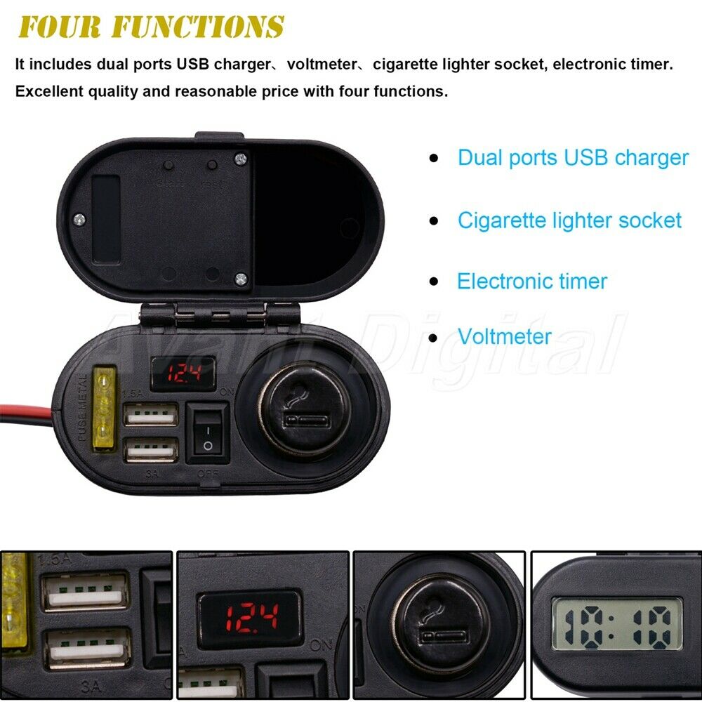 Motorcycle Cigarette Lighter Dual USB Charger Voltmeter Digital Clock Waterproof