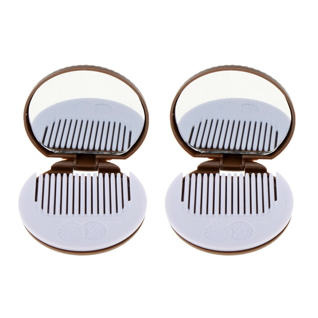 2 Round Folding Makeup Mirror Compact with Comb Pocket Biscuit Size Cute Brown
