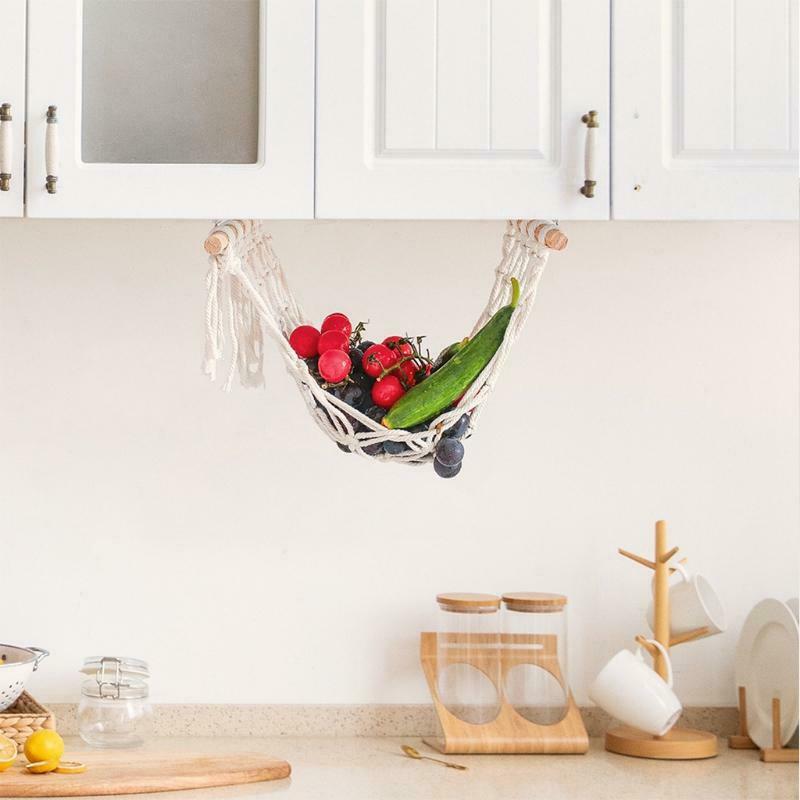 Boho Woven Macrame Fruit Hammock Under Cabinet Wooden Stick Hanging Net Basket