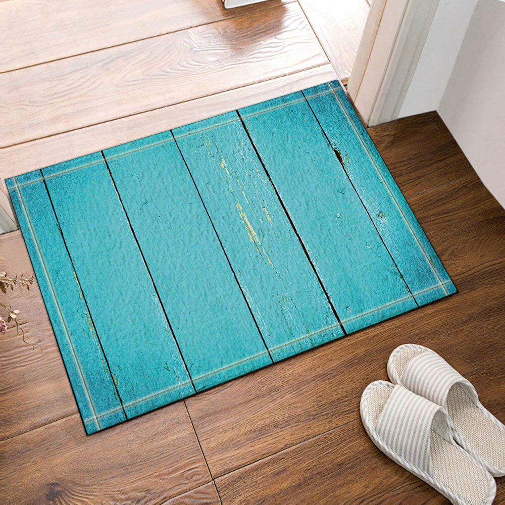 Turquoise Blue Wooden Plank Bath Rug Non-Slip Floor Indoor Front Door Mat 16x24"