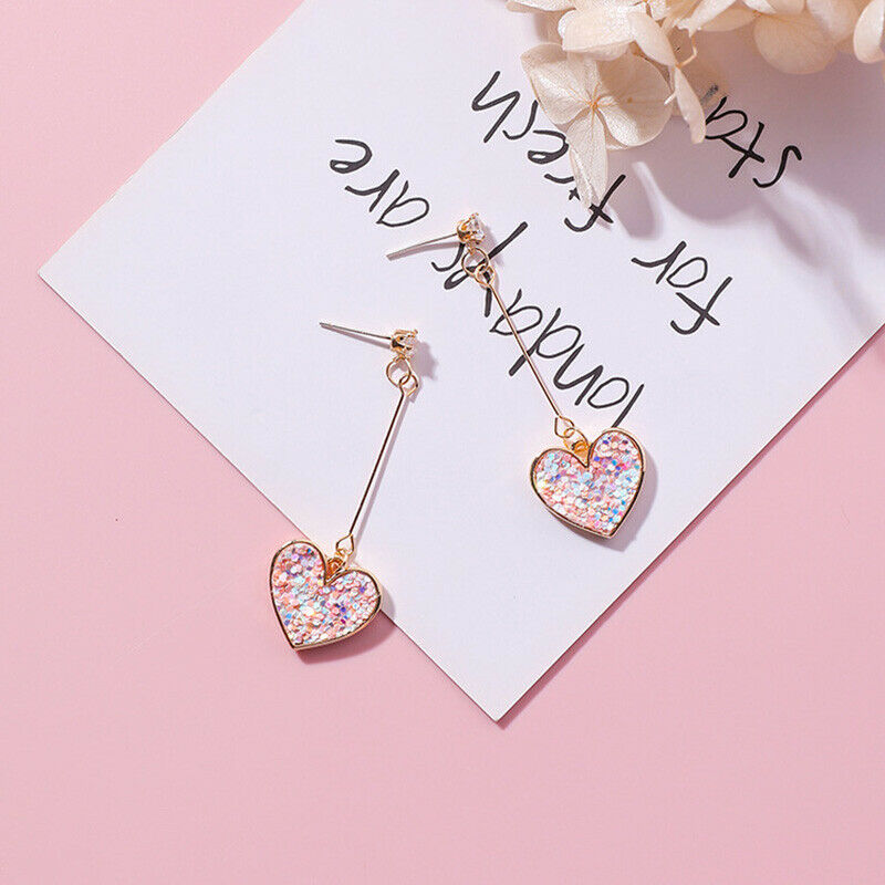 Women Crystal Pink Heart Long Drop Dangle Earrings Ear Studs Jewelry G AT.l8