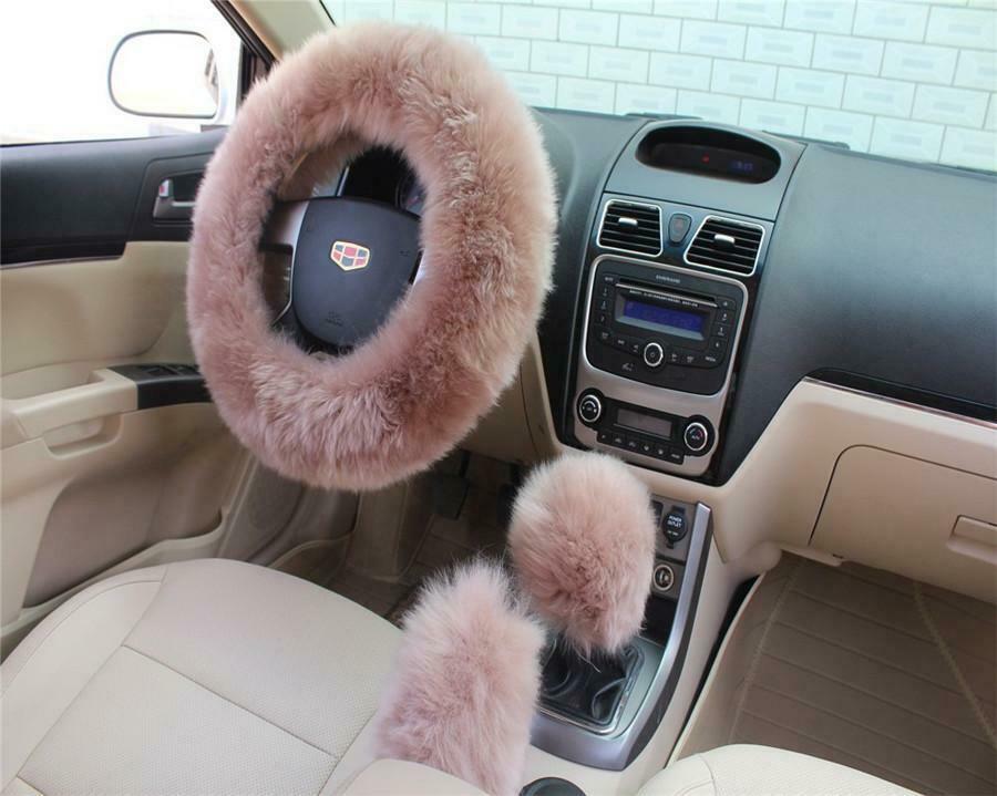 3Pcs Car Steering Wheel Covers Handbrake Cover Kits Bean Paste Color Plush Wool