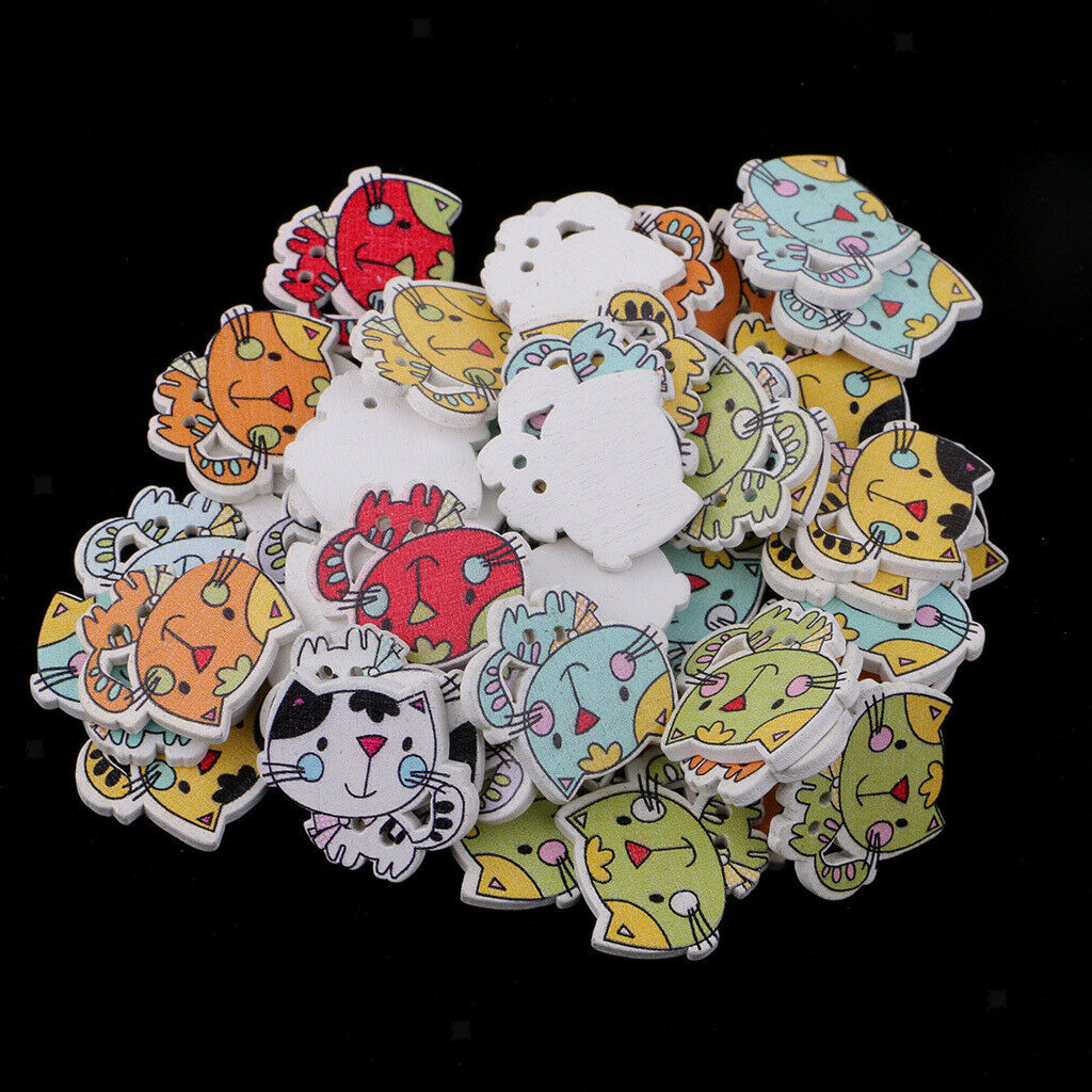 50pcs Lovely Cartoon Cat 2 Holes Wooden Buttons Decorative Buttons For DIY