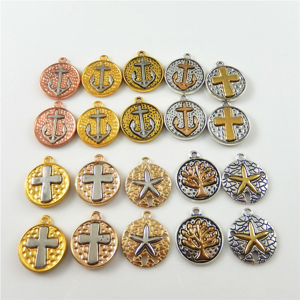 20 Assorted Cross Starfish Pendant Alloy Round Nautical Charm Jewelry Craft 19mm