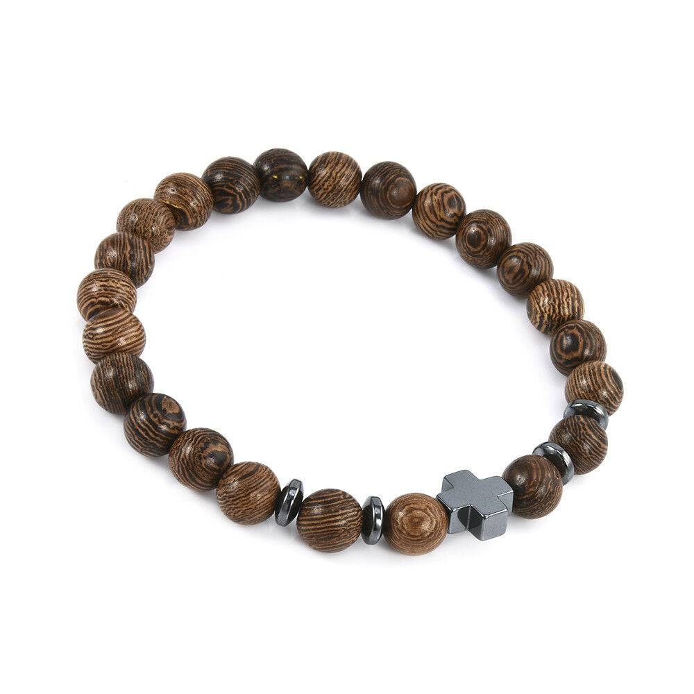 Hot Men Women Hematite Cross Wooden Bracelets Stretchy Wooden Bracelet Beads JT