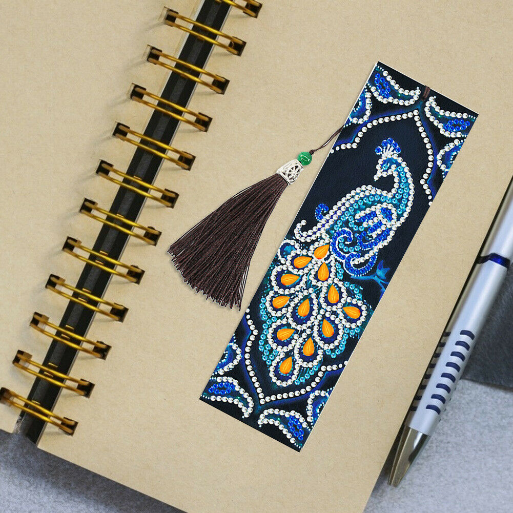 5D DIY Special Shaped Diamond Painting Leather Peacock Tassel Art Bookmarks @