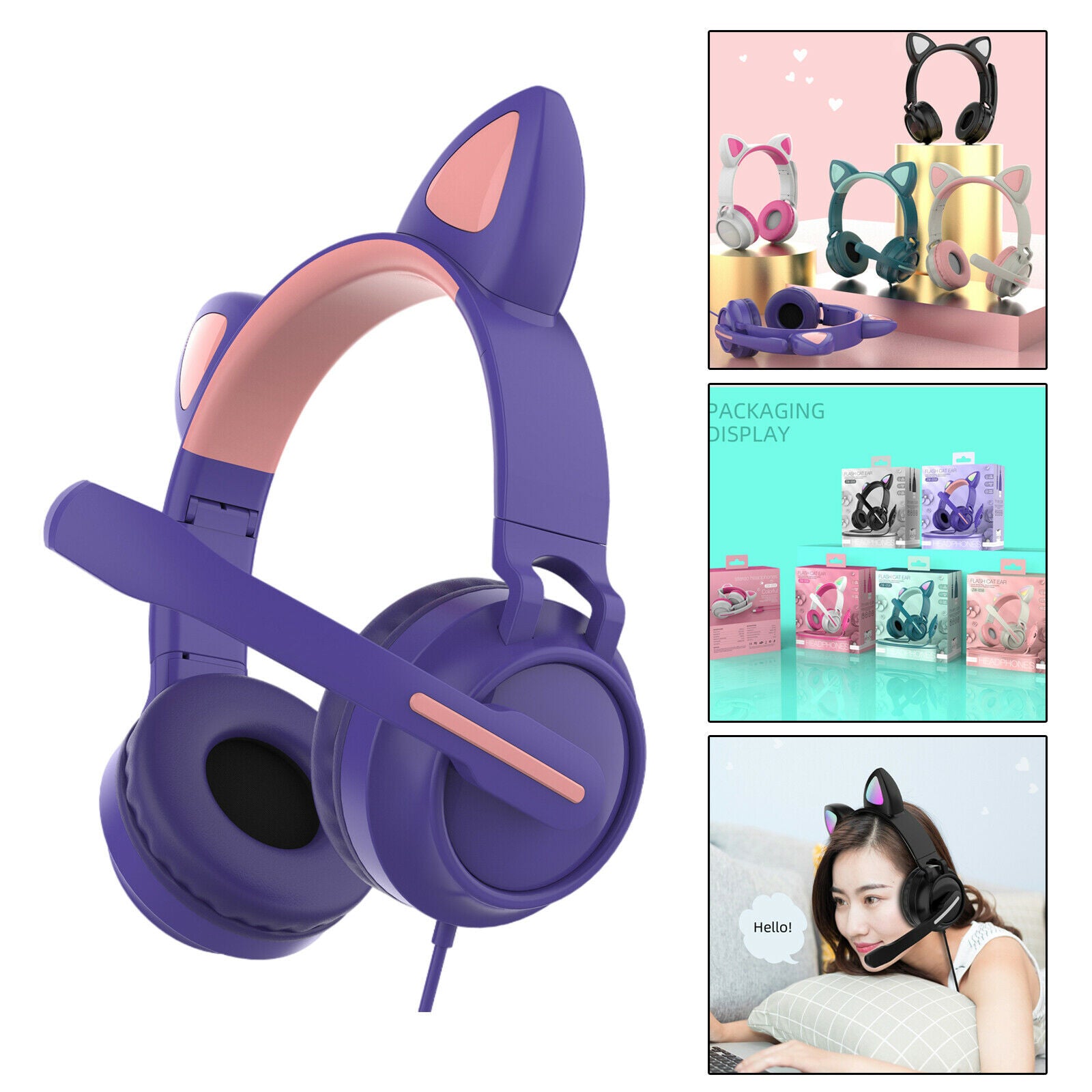 Set of 2 USB Cat Ear Wired Headset Headphones LED Light for PC Games TV