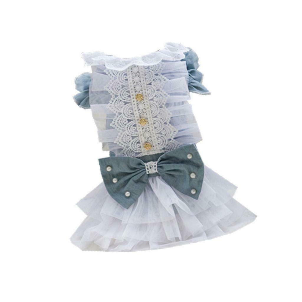 Dog Wedding Dress Denim Lace Stitch Dress Clothes Bownot Princess Skirt M