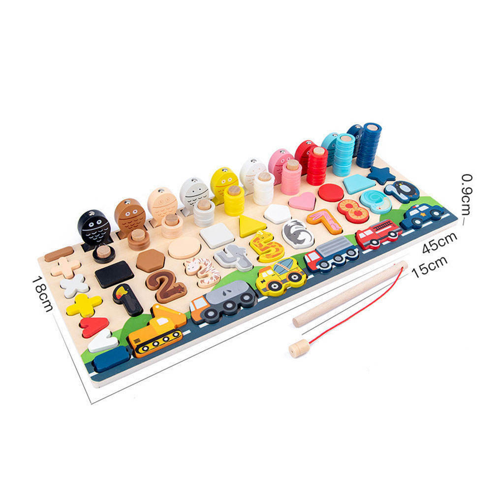 Wood Number Puzzle Shape Match Pegs Board Counting Sorting Fishing Game Early