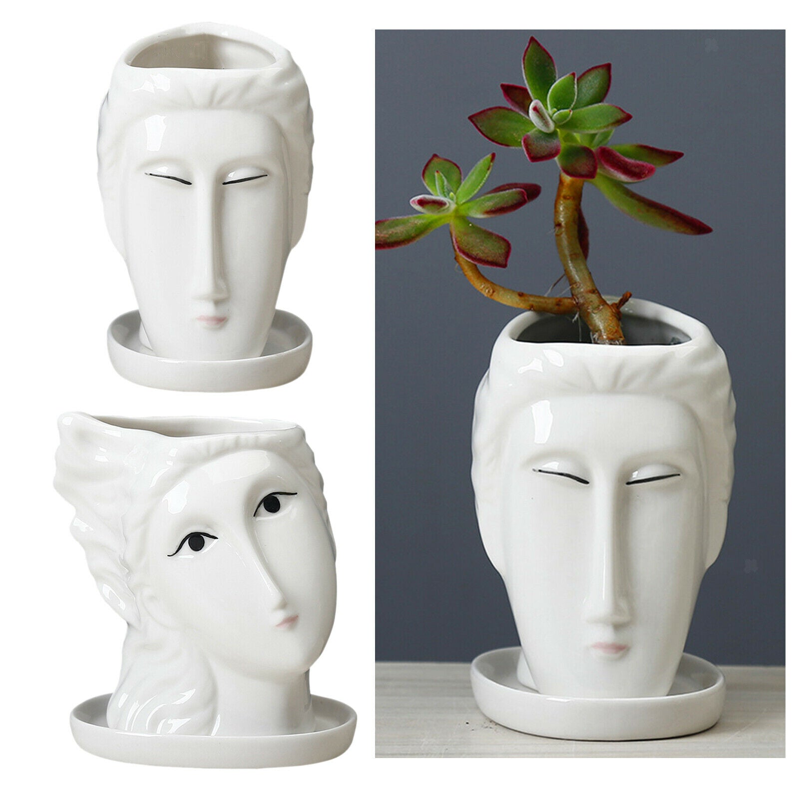 2X Portrait Face Head Vase Planter Garden Plant Pot Art Flowerpot Decoration
