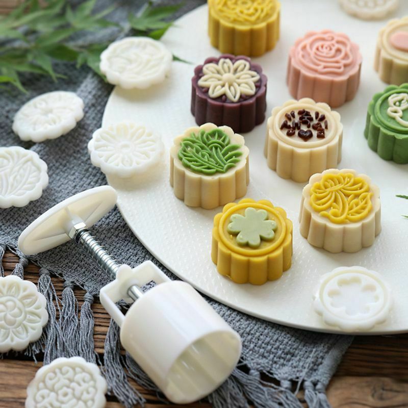 4pcs Flower Stamps Moon Cake Decor Mould Barrel Round Pastry Mooncake Mold 100g