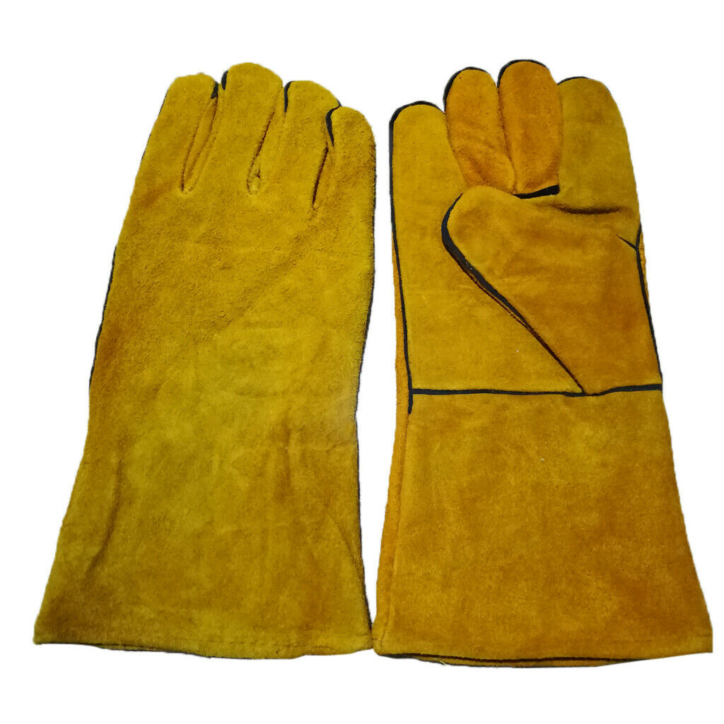 1 Pair Yellow Mig Welding Gauntlets Protective Gloves Heat Resistant Leather
