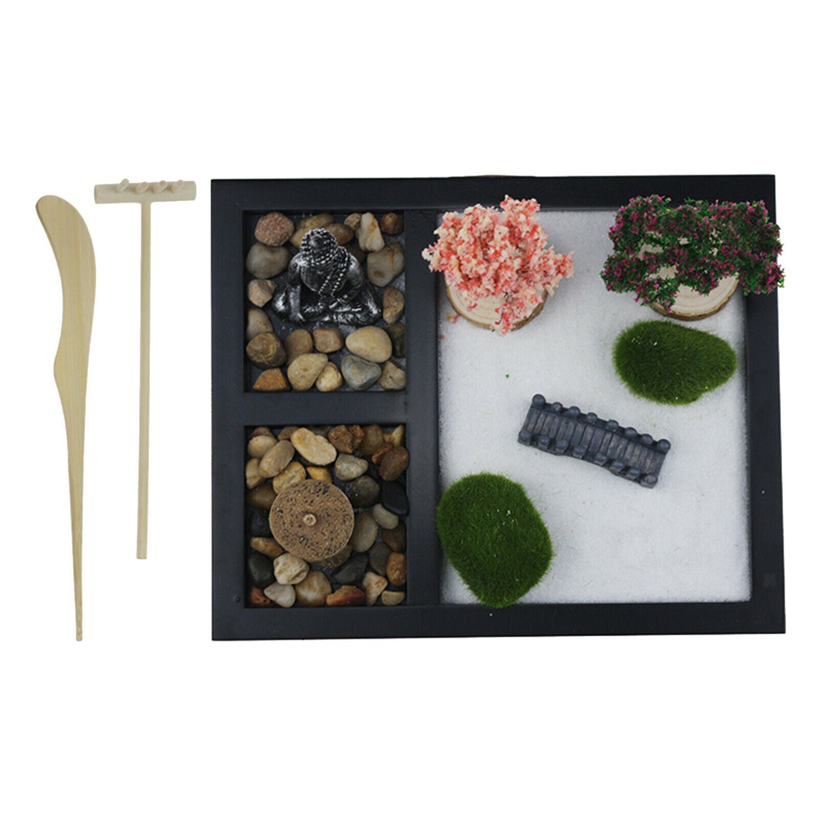 Mini Zen Garden 3 Grids Sand Tray Buddha Statues Desk Gifts Stress Relief