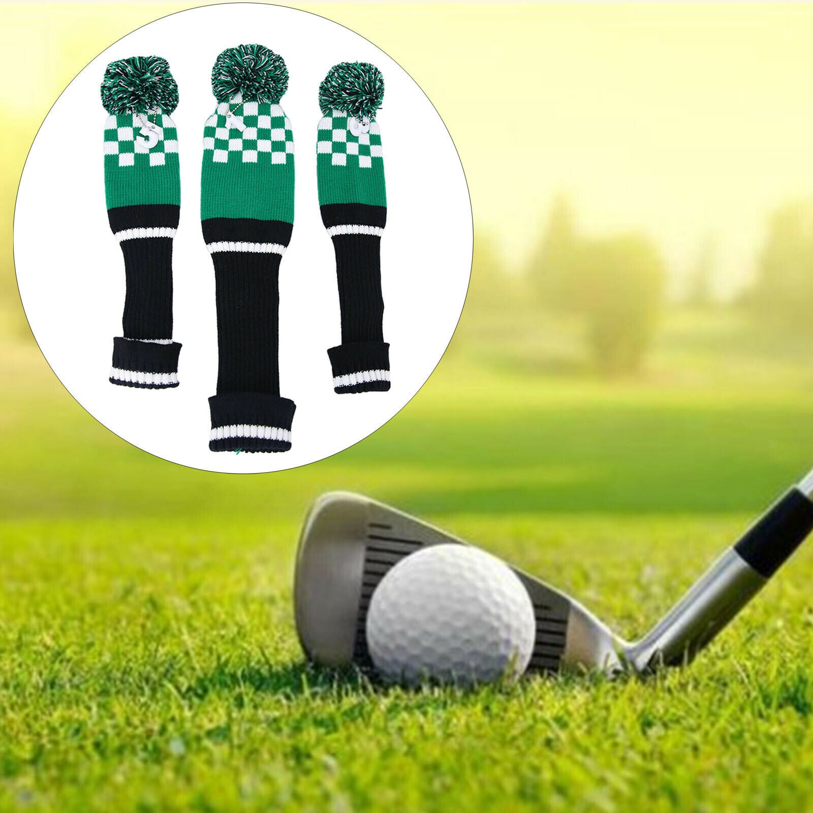 3x Knit Wood Golf Club Covers No. Tags 1 3 5 A Large Pom Pom Checkerboard