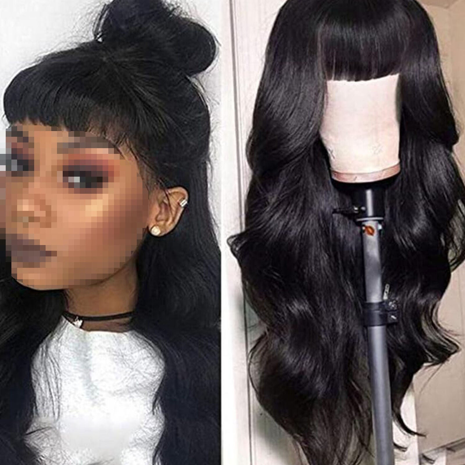 Black Women Wigs with Bangs Long Body Wave Wavy Synthetic Daily Hair Wig