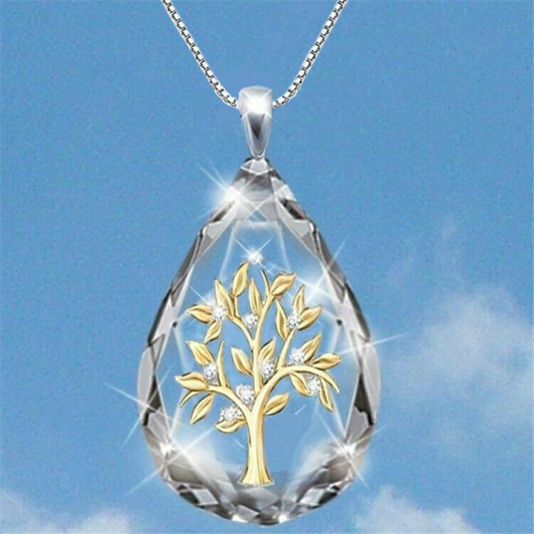 Transparent Crystal Waterdrop Shape Lucky Tree Pendant Necklace Party Jewelry
