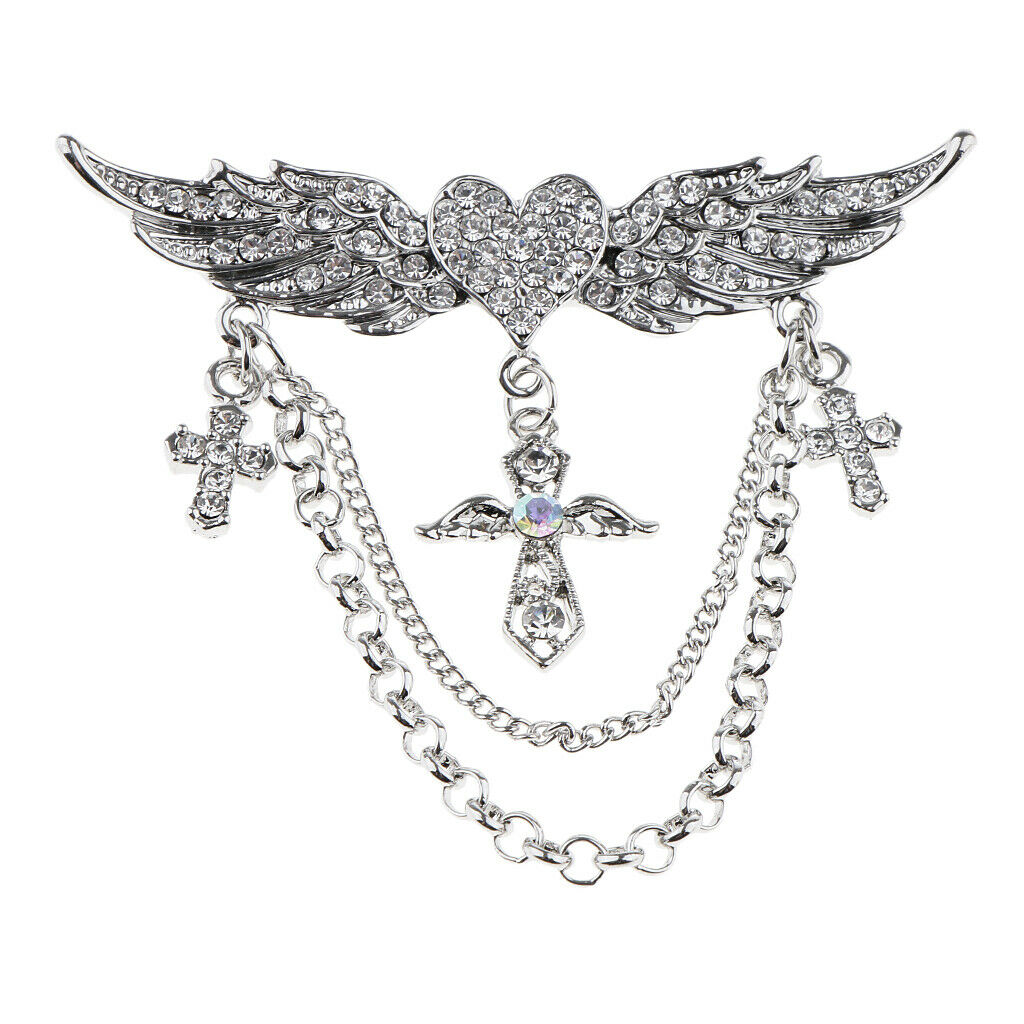 2 Pieces Rhinestone Flying Wings Heart Cross Chain Tassel Pin Collar Brooch