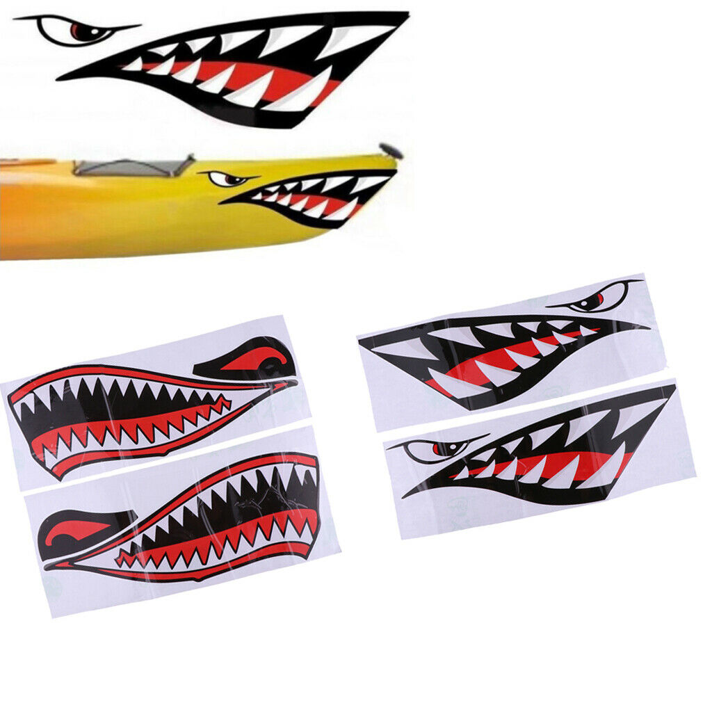 2 Pairs Shark Mouth Stickers - Reflective Decals for Fishing Boat Canoe Dinghy