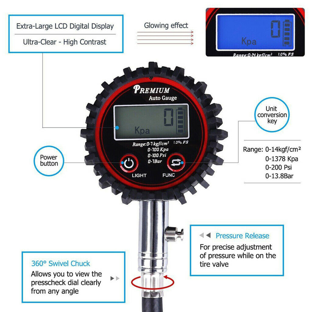 100 PSI Digital Tire Air Pressure Guage Rubber Air Hose for Car Bike Auto