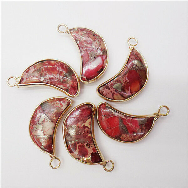 10Pcs 26x11x5mm Golden Wrapped Rose Sea Sediment Jasper Moon Pendant Bead HH9015