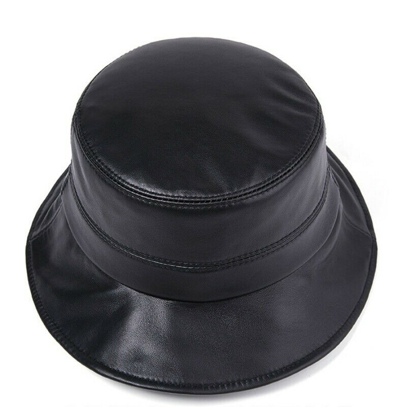 Unisex Bucket Bush Fishing Hat Cap Sheepskin Leather Black Wide Brim Winter Warm