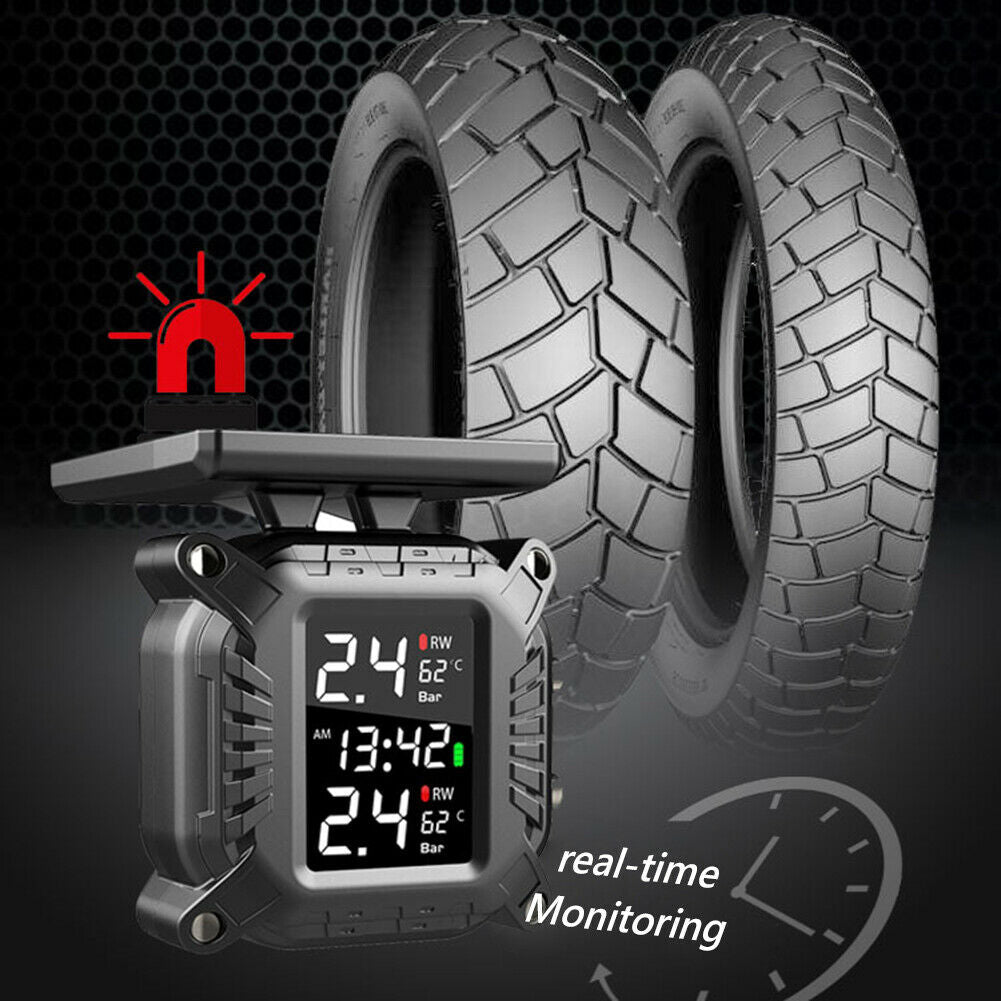 Waterproof Solar Motorcycle TPMS LCD Tire Pressure Monitor System w/ 2 Sensors