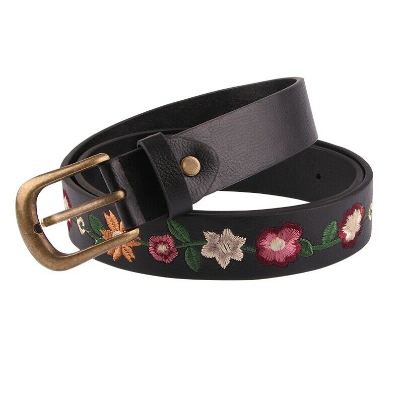 Women Belt Leather Metal Buckle Waistband Retro Embroidered Flower 110cm Long