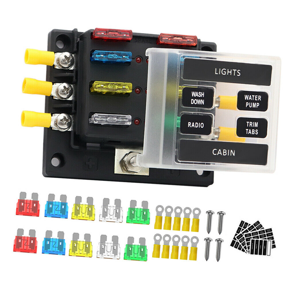 6-Way Blade Fuse Box Block Holder LED Indicator Light 12V-32V Marine Boats Car