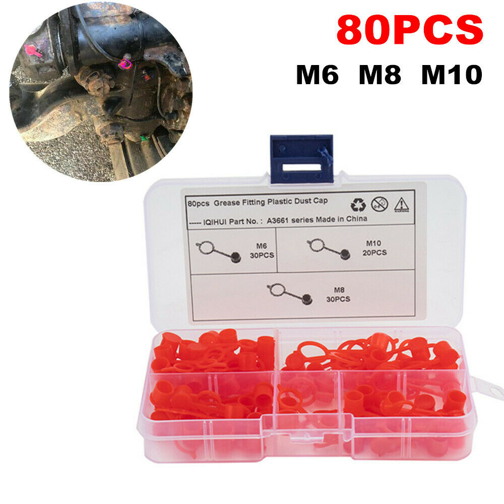 80PC Dust Cover Caps For Grease Zerk Nipple Fitting Plastic Protection M6 M8 M10