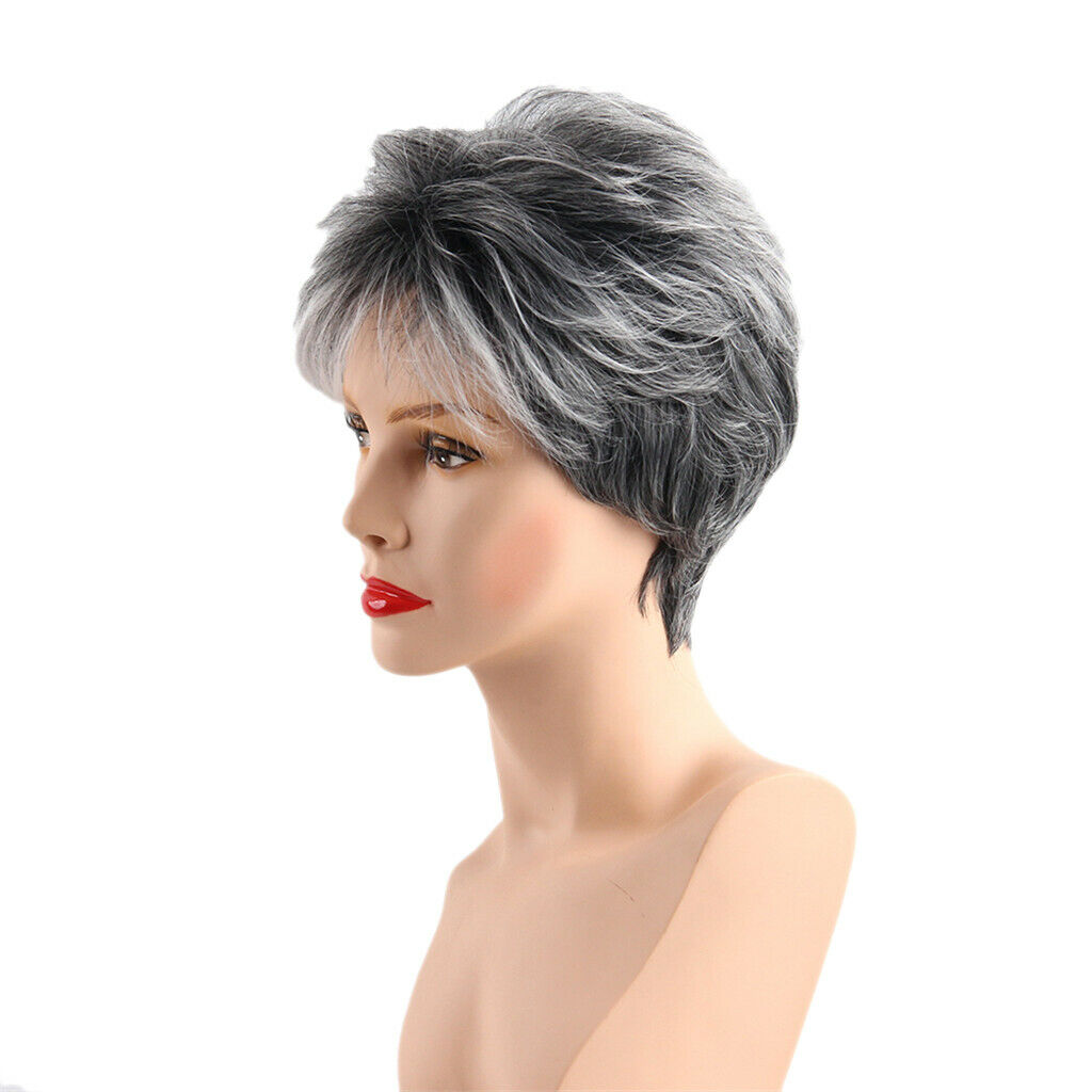 Female Full Wig Gray And White Short Wig Synthetic Synthetic Hair Womens Women