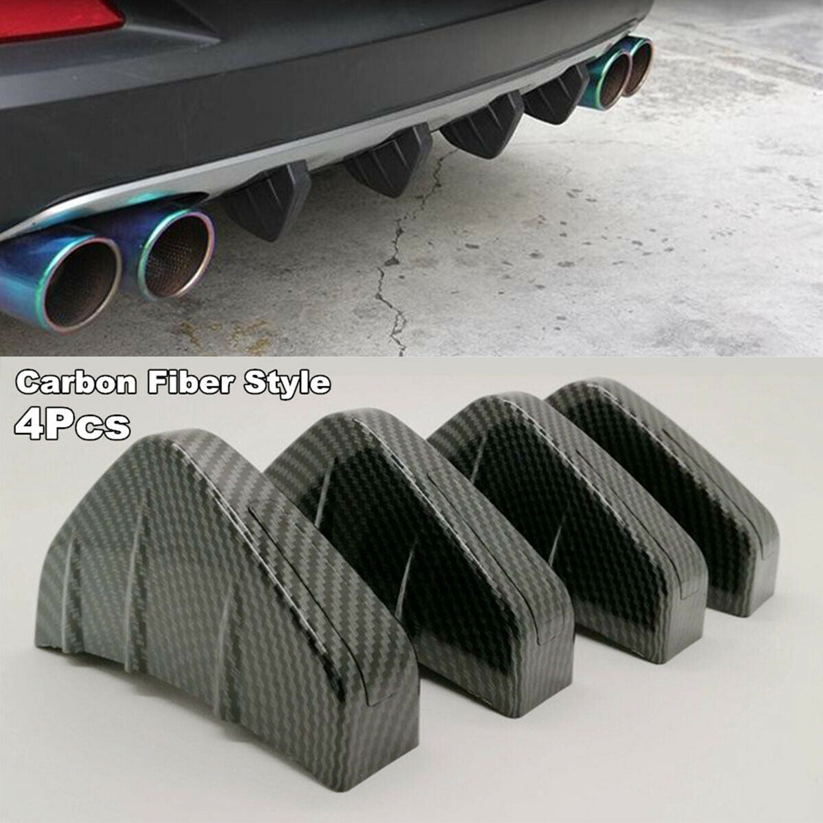 4pcs Rear Bumper Diffuser Lip Curved 4Fins Spoiler Protector Cover Carbon Fiber