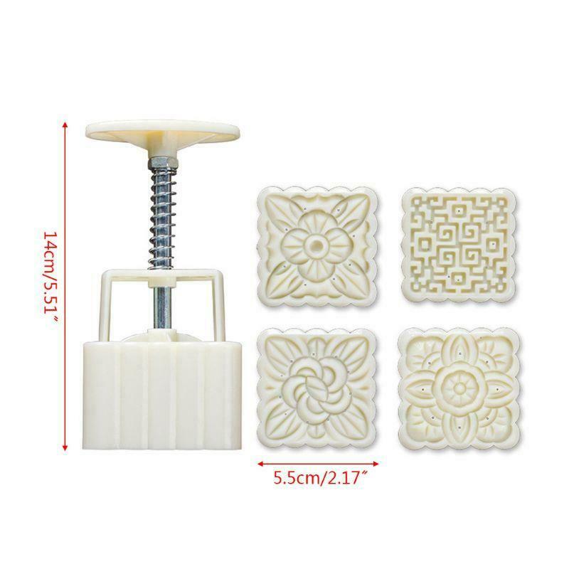4pcs Square Hand Press Stamp Moon Cake Decor Barrel Mooncake Mold 100g DIY Tool