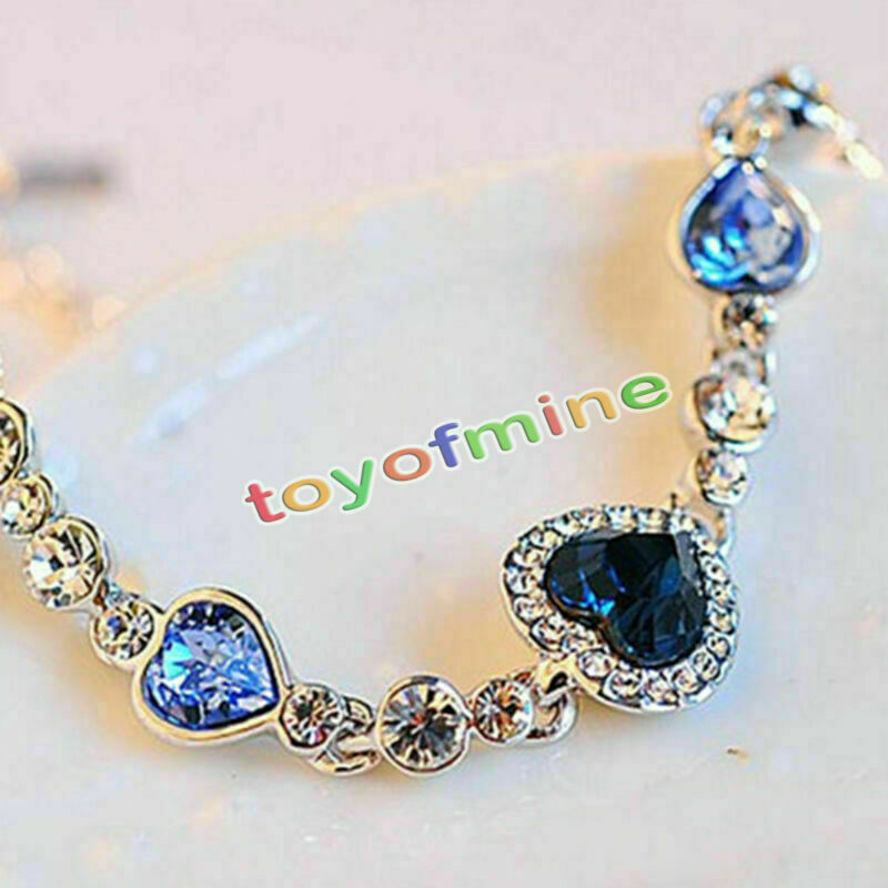 Women Ocean Blue Crystal Rhinestone Heart Bangle Bracelet Gift New Fashion