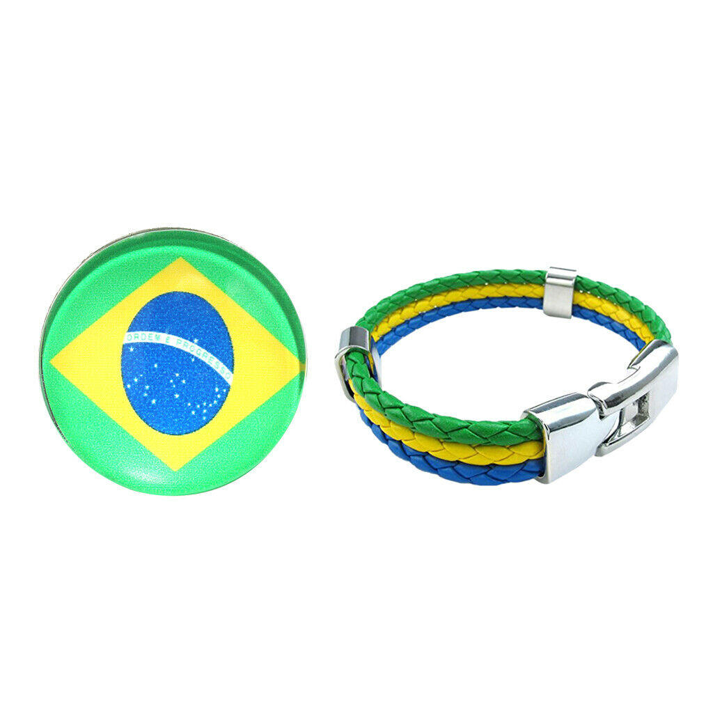2 Pieces Braided Wristband Brooch Set Football Fans Brazil Country Flag