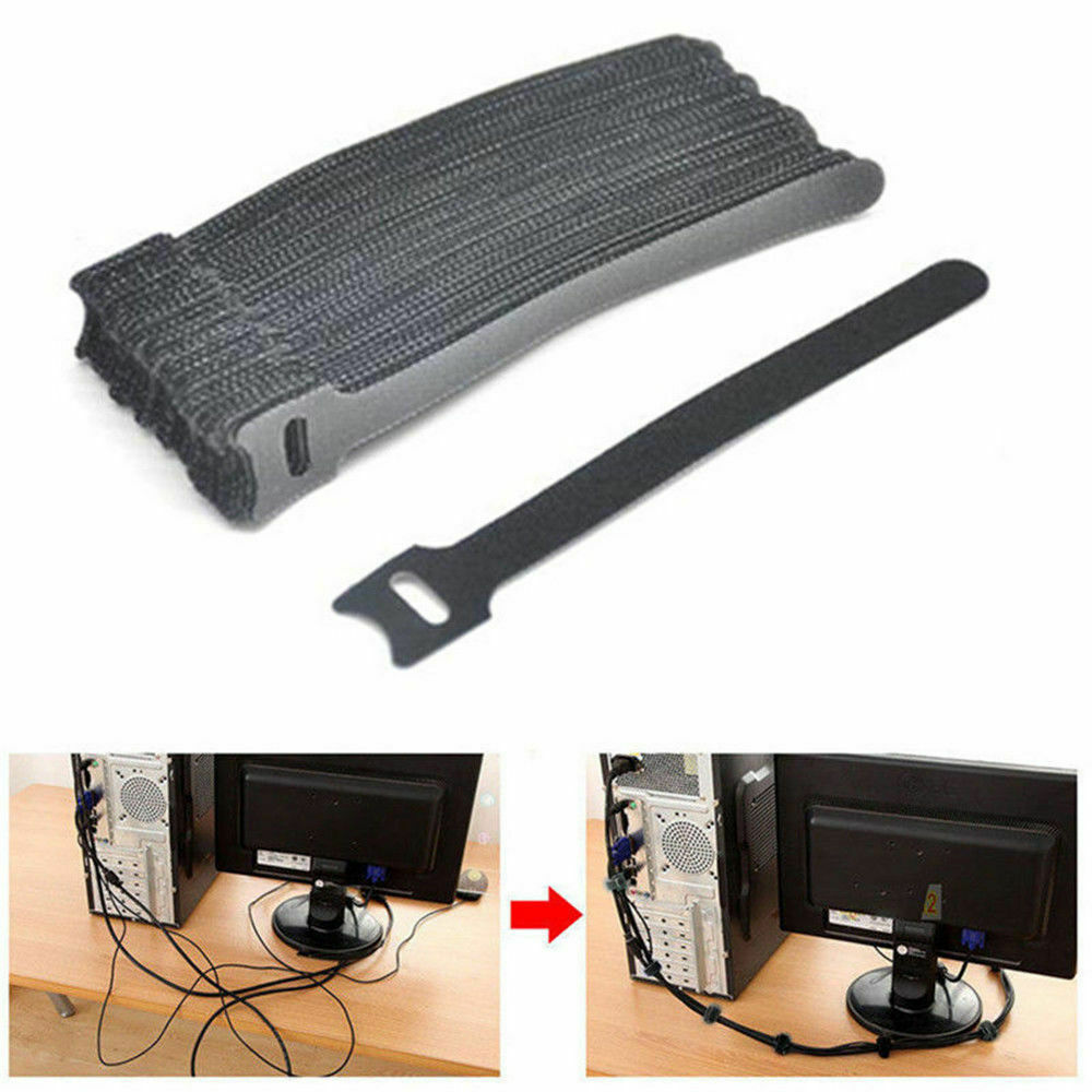 50X Black Nylon Strap Hook and Loop Cable Cord Ties Tidy Organizer Durable
