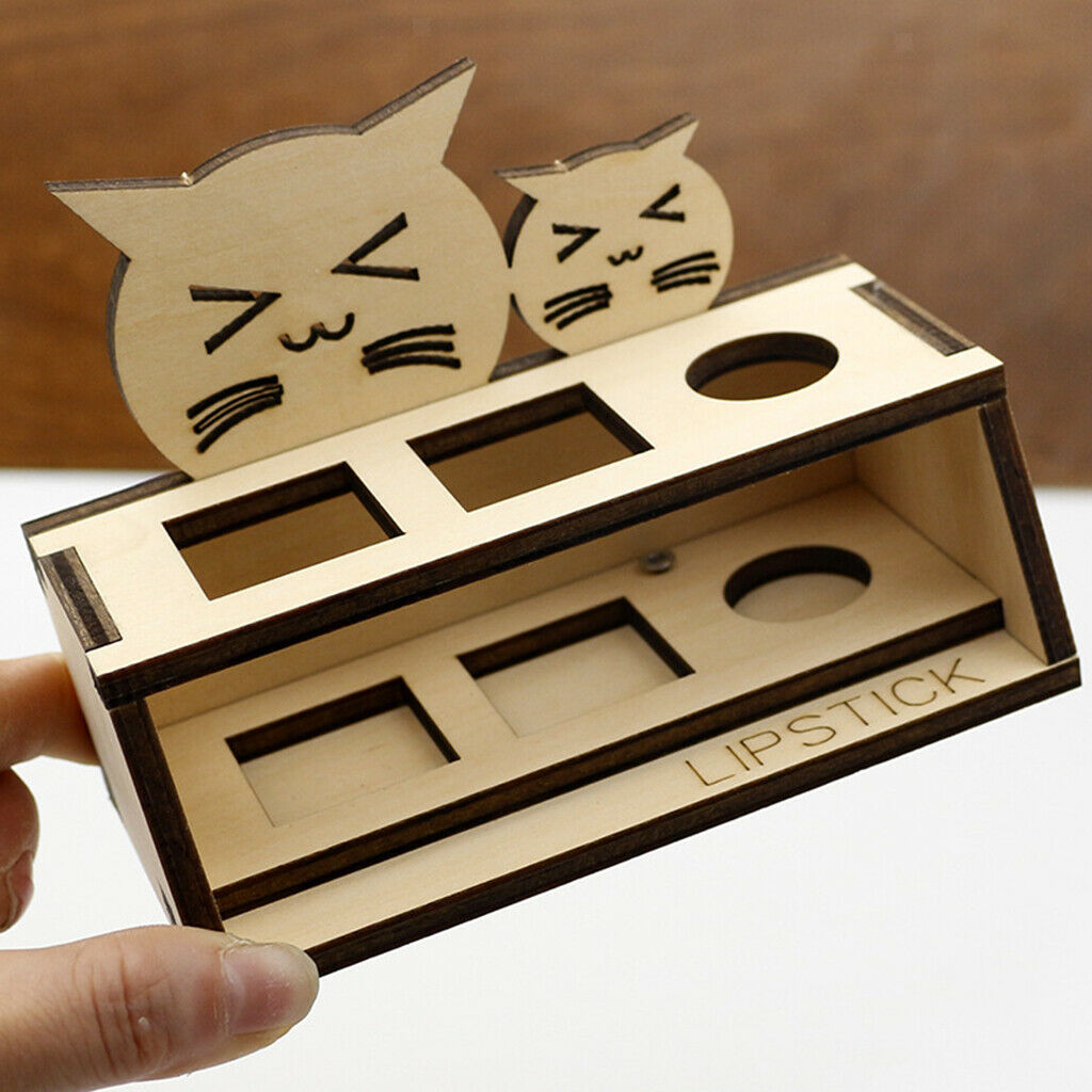 Natural Wooden Lipstick Display Holder Cute Cat 3 Grids Makeup Storage Box