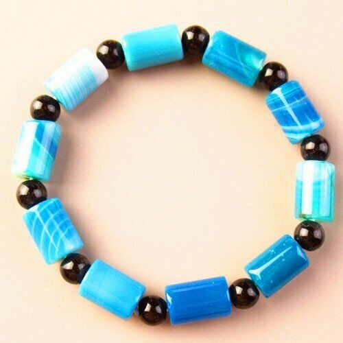 12x8mm/6mm Blue Onyx Agate Column& Black Agate Stretchy Bracelet 7.5 " G37219