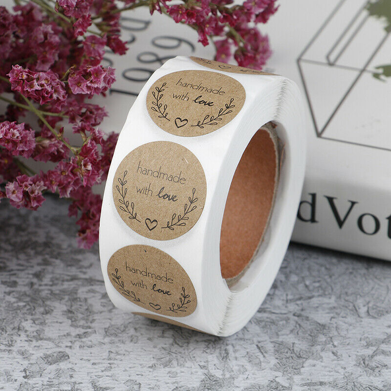 500pcs Handmade With Love Kraft Paper Stickers Round Adhesive Labels Baki.l8
