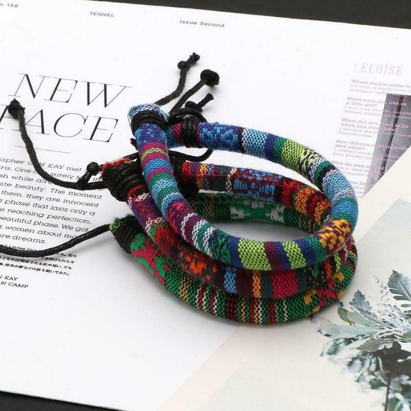 3Pcs Friendship Ethnic Tribal Cotton Linen Bracelet Braid Boho Hemp Rope Jewelry