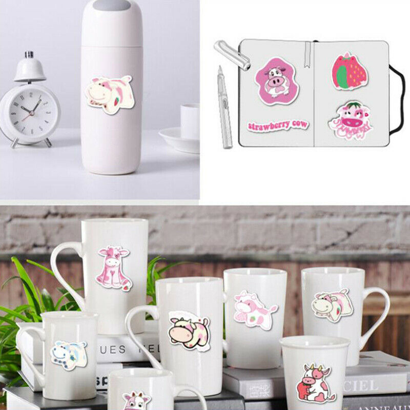 50Pcs Cartoon Pink Strawberry Cow Stickers Laptop Skateboard Luggage StickerBU